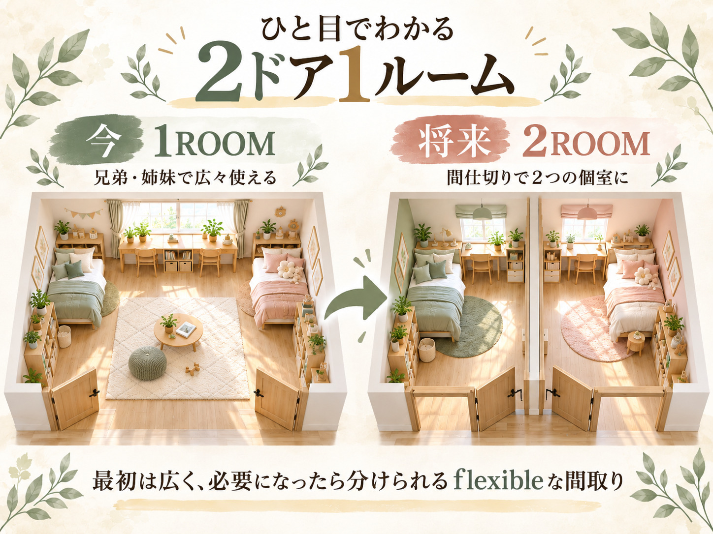 2ドア1ルームを1部屋から2部屋へ変更する仕組み
