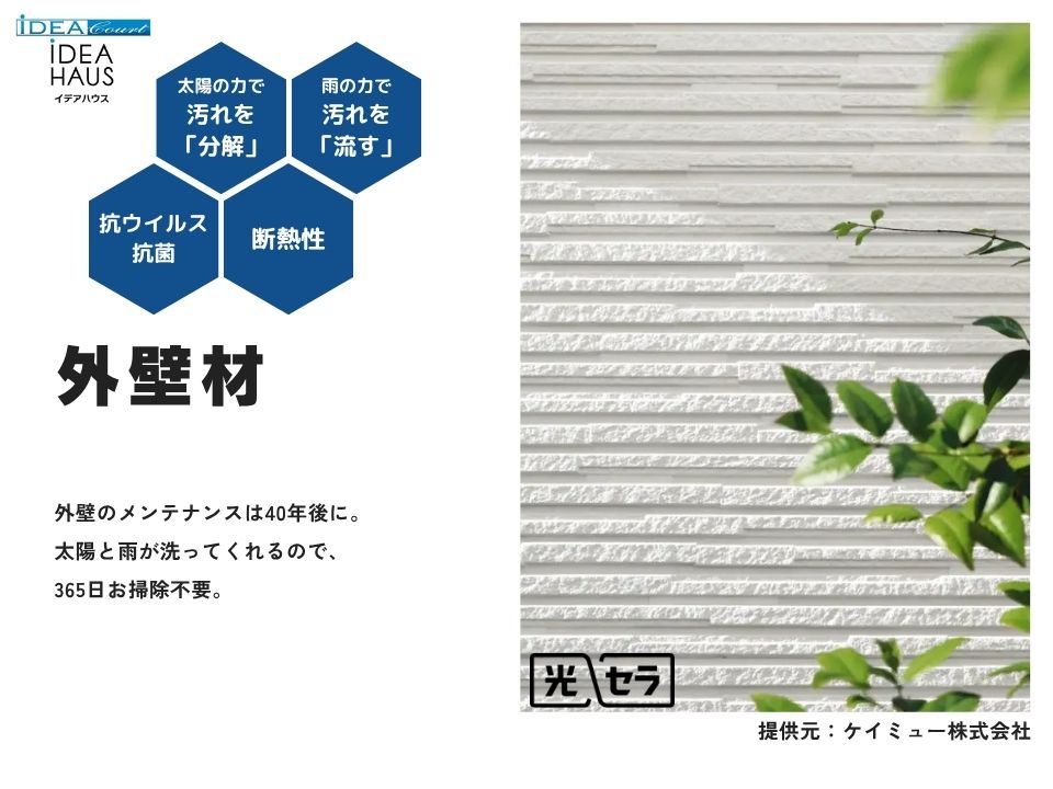 外壁に付着した汚れを雨水で繰り返し落とせる「セルフクリーニング機能」のマイクロガード。親水性の効果で、空気中の水分子を取り込んで外壁表面に薄い水分子膜を作り、汚れを浮かせて雨で洗い落とします。雨が降れば汚れは雨とともに洗い流され、外壁はいつもスッキリ。