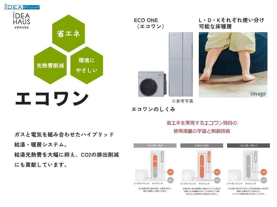 ガスと電気を組み合わせたハイブリッド給湯・暖房システム「エコワン」を採用。給湯光熱費を大幅に抑え、CO2の排出削減にも貢献しています。また、L・D・Kのそれぞれ使い分けられる床暖房で、冬場も足元からポカポカと温まります。パワフルな火力で素早く暖め、ヒートポンプで沸かしたお湯を循環させて、省エネで室温を維持します。