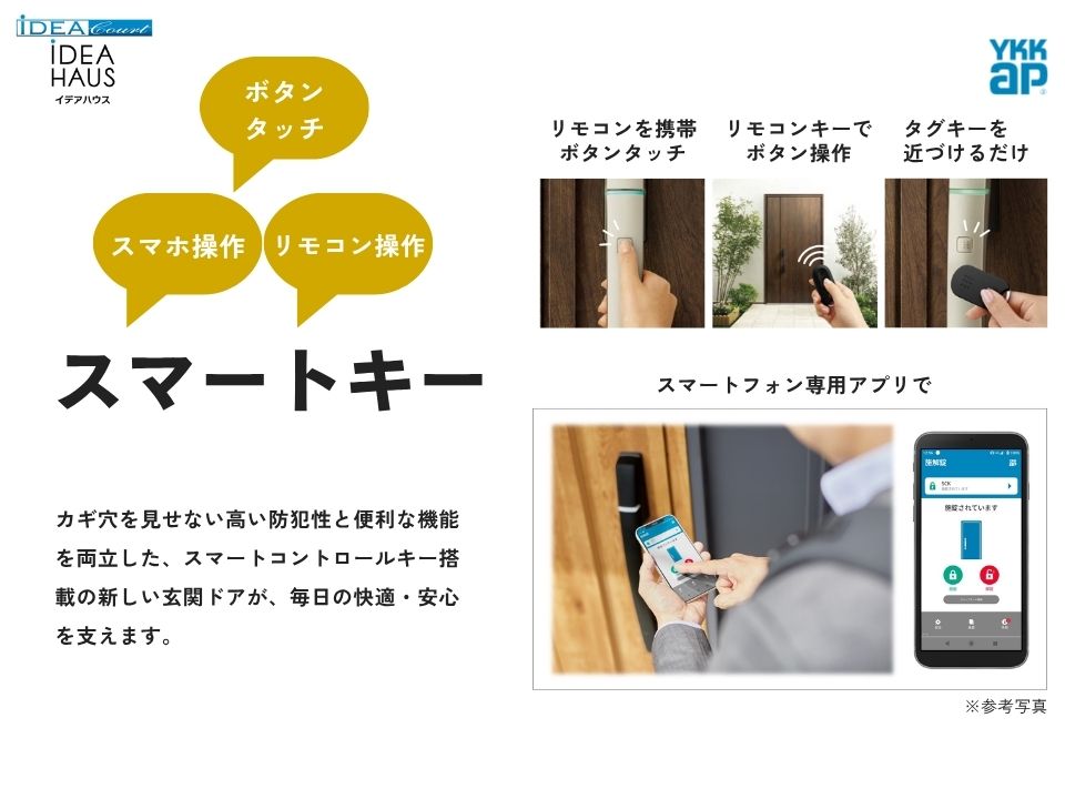 ノンタッチのスマートキーはもちろん、タグキーも設定。また、スマホアプリでカギの施解錠を行うことができます。使う方や用途に応じてご使用可能。またインターフォンには、本体機と子機を標準装備。2階から・洗濯しながら・洗面室から、などどこからでも来客を確認し、鍵の開錠・施錠が行えます。